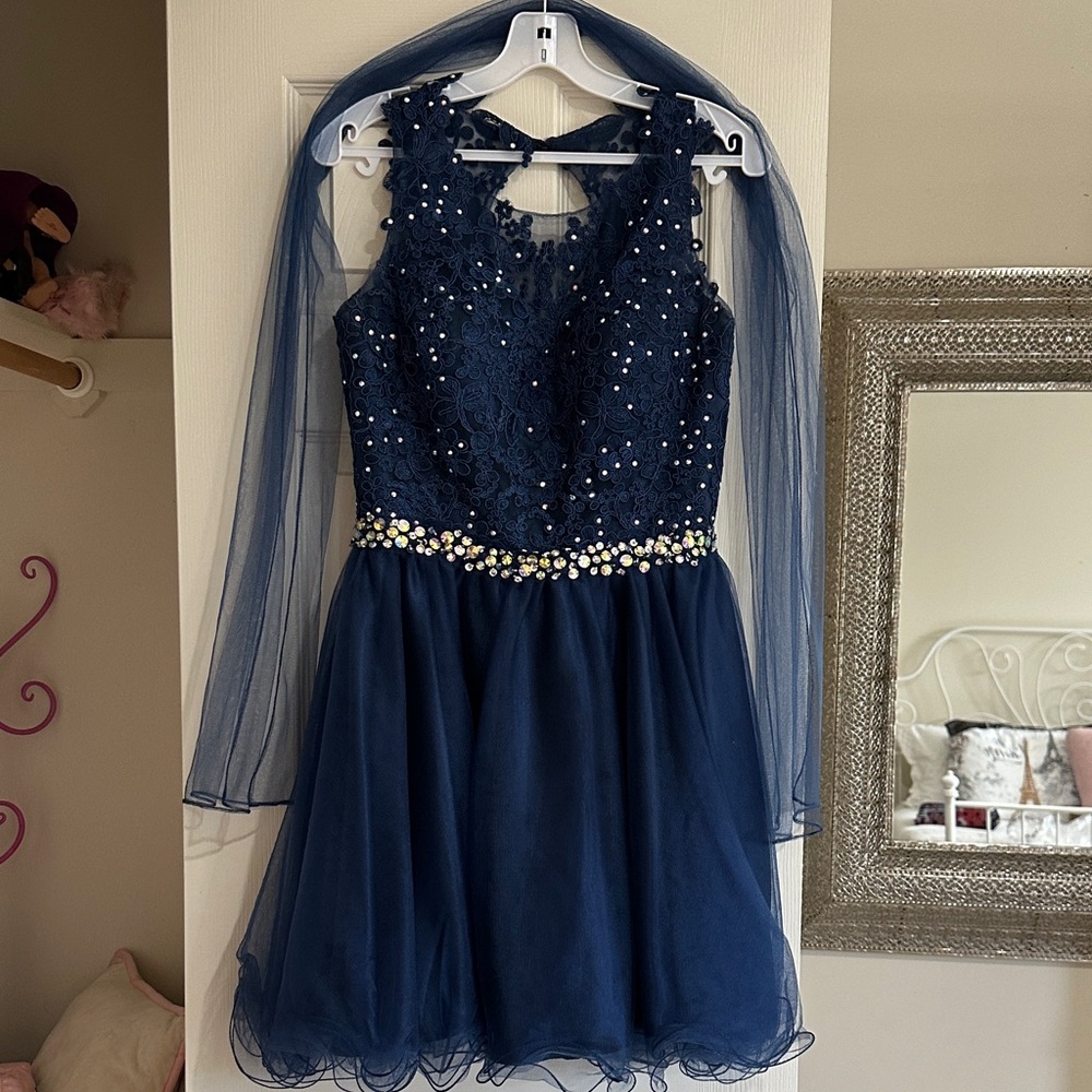 Navy Blue hoco Dress with Beaded Details